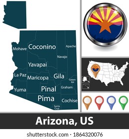 Arizona State With Counties And Location On American Map. Vector Image