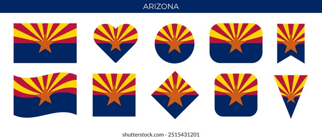 Arizona state flag set. American state flag of different shapes. Vector illustration isolated on white background