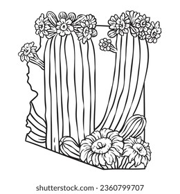 Arizona state flower, lineart vector illustration of saguaro cactus blossom, fits Arizona state map frame, cool for stickers, coloring books, t-shirts, etc.