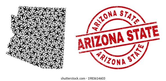 Arizona State grunge stamp, and Arizona State map mosaic of air force items. Mosaic Arizona State map created of aircraft. Red badge with Arizona State caption, and scratched rubber texture.