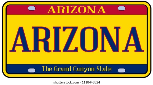 Arizona state license plate in the colors of the state flag with icons over a white background