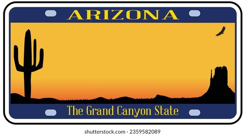 Arizona state license plate in the colors of the state flag with desert icons over a white background