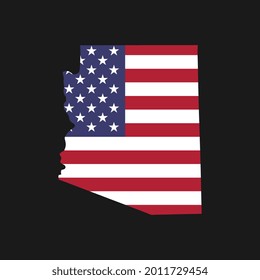 Arizona state map with American national flag on black background