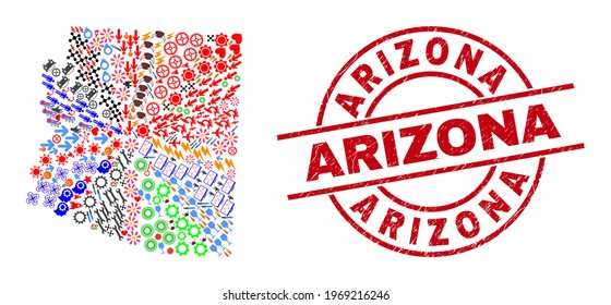 Arizona State map collage and Arizona red circle stamp seal. Arizona stamp uses vector lines and arcs. Arizona State map mosaic includes helmets, houses, lamps, bugs, people, and more pictograms.