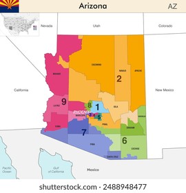 Mapa del estado de Arizona con las fronteras de los condados y los distritos electorales coloreados debido al censo de Estados Unidos de 2020 y que es válido desde 2023. Bandera de Arizona. Vector