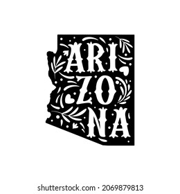 Arizona state map with doodle decorative ornaments. For printing on souvenirs and T-shirts