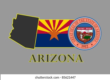 Arizona State Map, Flag, Seal And Name.