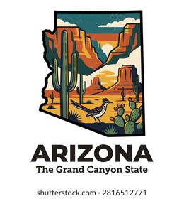 Arizona state map illustrating desert landscape with saguaro cactus, roadrunner, and Grand Canyon