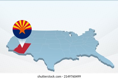 Arizona state map on United States of America map in perspective. Vector presentation.
