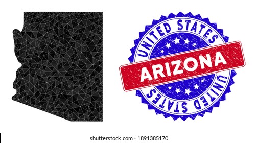 Arizona State map polygonal mesh with filled triangles, and textured bicolor stamp seal. Triangle mosaic Arizona State map with mesh vector model, triangles have various sizes, and positions,