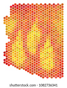 Arizona State map. Vector honeycomb geographic map in bright orange color tinges. Abstract Arizona State map mosaic is formed of fire honeycomb items.