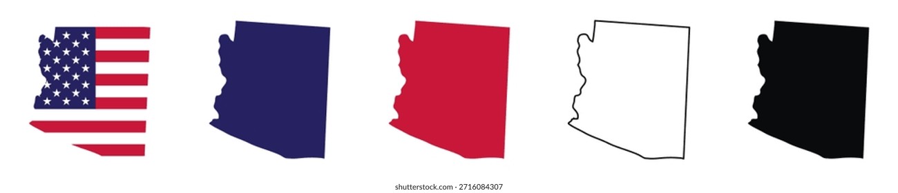 An Arizona state map vector illustration set with outline and solid fills, featuring American flag in blue, red, and black, perfect for geography education, Travel guides, and patriotic design use