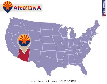 Arizona State on USA Map. Arizona flag and map. US States.