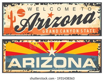 Arizona state retro souvenir sign plate with Arizona flag and creative lettering. Vintage travel plaque  vector USA state symbols. Destination posters greeting card grunge template on old tin rusty te