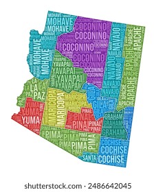 Arizona state shape filled with a word cloud of county names. Vector illustration with colored divisions.