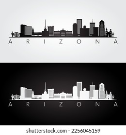 Arizona state skyline and landmarks silhouette, black and white design. Vector illustration.