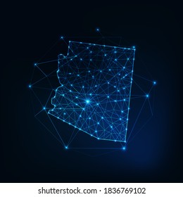 Arizona state USA map glowing silhouette outline made of stars lines dots triangles, low polygonal shapes. Communication, internet technologies concept. Wireframe futuristic vector illustration