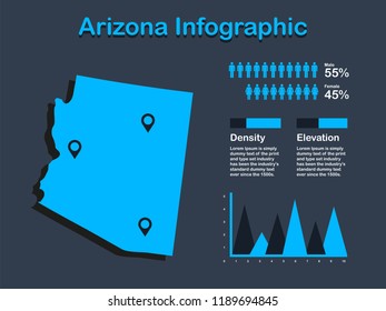 Arizona State (USA) Map with Set of Infographic Elements in Blue Color in Dark Background. Modern Information Graphics Element for your design.