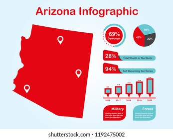 Arizona State (USA) Map with Set of Infographic Elements in Red Color in Light Background. Modern Information Graphics Element for your design.