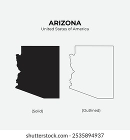 Arizona the state of USA, solid silhouette map of country area and outlined map, simple flat vector illustration for easy editing.