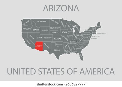 Estado do Arizona, EUA, mapa vetorial isolado no mapa dos Estados Unidos. Mapa vetorial em branco editável dos EUA.