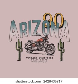 Arizona summer print design, Desert bike and cactus t shirt print, wild west text print for 90 vibes, men's women's girls boys road tripe vintage screen printing