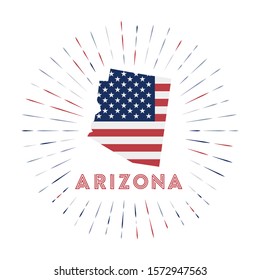 Arizona sunburst badge. The US state sign with map of Arizona with American flag. Colorful rays around the logo. Vector illustration.