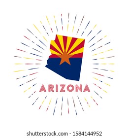 Arizona sunburst badge. The US state sign with map of Arizona with state flag. Colorful rays around the logo. Vector illustration.