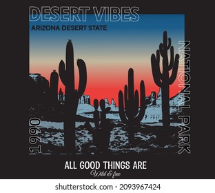 Arizona sunset graphic print design for apparel, t shirt, sticker, poster, wallpaper and others. Wild cactus vector artwork for men , women, boy and girl.