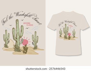 Arizona Sunset T-Shirt Design – Cactus Desert Illustration with Vintage Outdoor Vibes