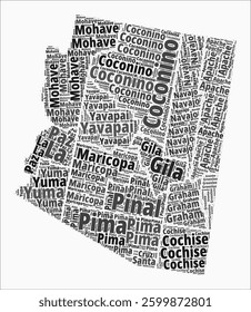 Arizona Text Style Counties. State region names word clouds in the English language. Trending vector illustration.