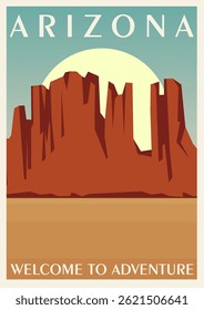 Arizona travel poster. Vector illustration of scenic desert landscape. Beautiful landscape of red canyons