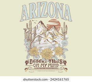 Arizona t-shirt artwork design.	 
 Cactus and flower artwork. Desert national park, Desert vibes vector graphic print design for apparel, sticker, poster, background and others. 