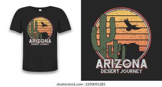 Diseño de camisetas de Arizona con cactus, águila y montañas rocosas. La camiseta de época impresa con grano. Diseño de camisetas de Arizona. Vector.