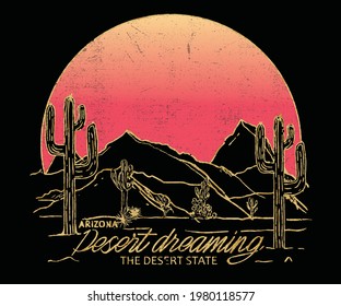 Arizona t-shirt design with  mountains and sun. Desert graphics for tee shirt . Foil desert design.