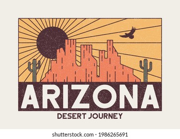 Arizona t-shirt design with rocky mountains, eagle and cactus. Vintage typography graphics for tee shirt with desert illustration. Arizona apparel print with grunge and slogan. Vector.