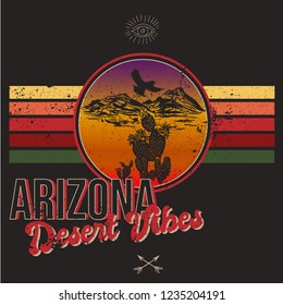 Arizona t-shirt typography with cactus, mountain and eagle. Vintage print for tee shirt graphics, slogan - desert journey. Grunge apparel stamp, poster design. Vector illustration.