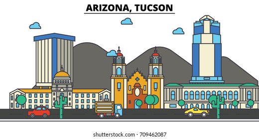 Arizona, Tucson.City skyline: architecture, buildings, streets, silhouette, landscape, panorama, landmarks, icons. Editable strokes. Flat design line vector illustration concept.