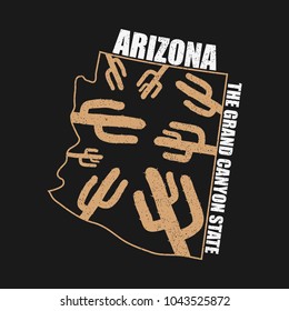 Arizona typography graphics for t-shirt with map of state and cactus. Grunge print for apparel, clothes. Vector illustration.