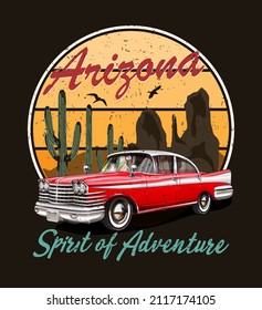 Arizona typography for t-shirt print with mountain,cactus and retro car.Vintage poster.