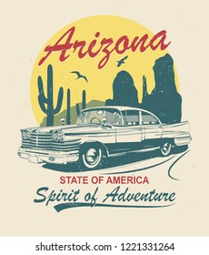 Arizona typography for t-shirt print with sign route 66 and retro car.Vintage poster.