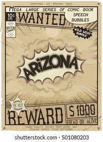 Arizona - United States of America. Retro poster in style of times the Wild West.
 Comic speech bubble with speed lines and 3D explosion.
