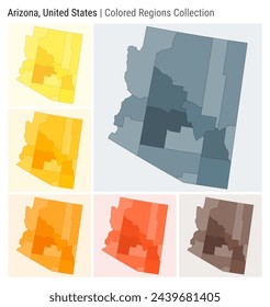 Arizona, United States. Map collection. State shape. Colored counties. Blue Grey, Yellow, Amber, Orange, Deep Orange, Brown color palettes. Border of Arizona with counties. Vector illustration.