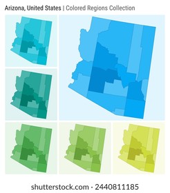Arizona, United States. Map collection. State shape. Colored counties. Light Blue, Cyan, Teal, Green, Light Green, Lime color palettes. Border of Arizona with counties. Vector illustration.