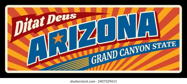 Estaño retro de Arizona Estados Unidos o placa metálica. Canto, letrero o señalización de la antigua carretera del estado de los Estados Unidos. Grabado del Gran Cañón Didat deus, inscripción vintage typography vector. Capital de Phoenix, ciudad de Maricopa