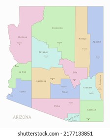 Arizona US state administrative editable map in colors. American federal state highly detailed map with territory borders and names of departments realistic vector illustration