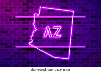 Arizona US state glowing neon lamp sign. Realistic vector illustration. Purple brick wall, violet glow, metal holders.