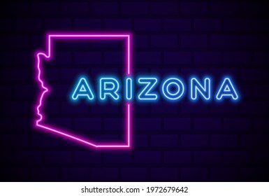 Arizona US state glowing neon lamp sign Realistic vector illustration Blue brick wall glow