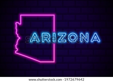 Arizona US state glowing neon lamp sign Realistic vector illustration Blue brick wall glow