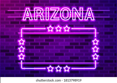 Arizona US State glowing purple neon lettering and a rectangular frame with stars. Realistic vector illustration. Purple brick wall, violet glow, metal holders.